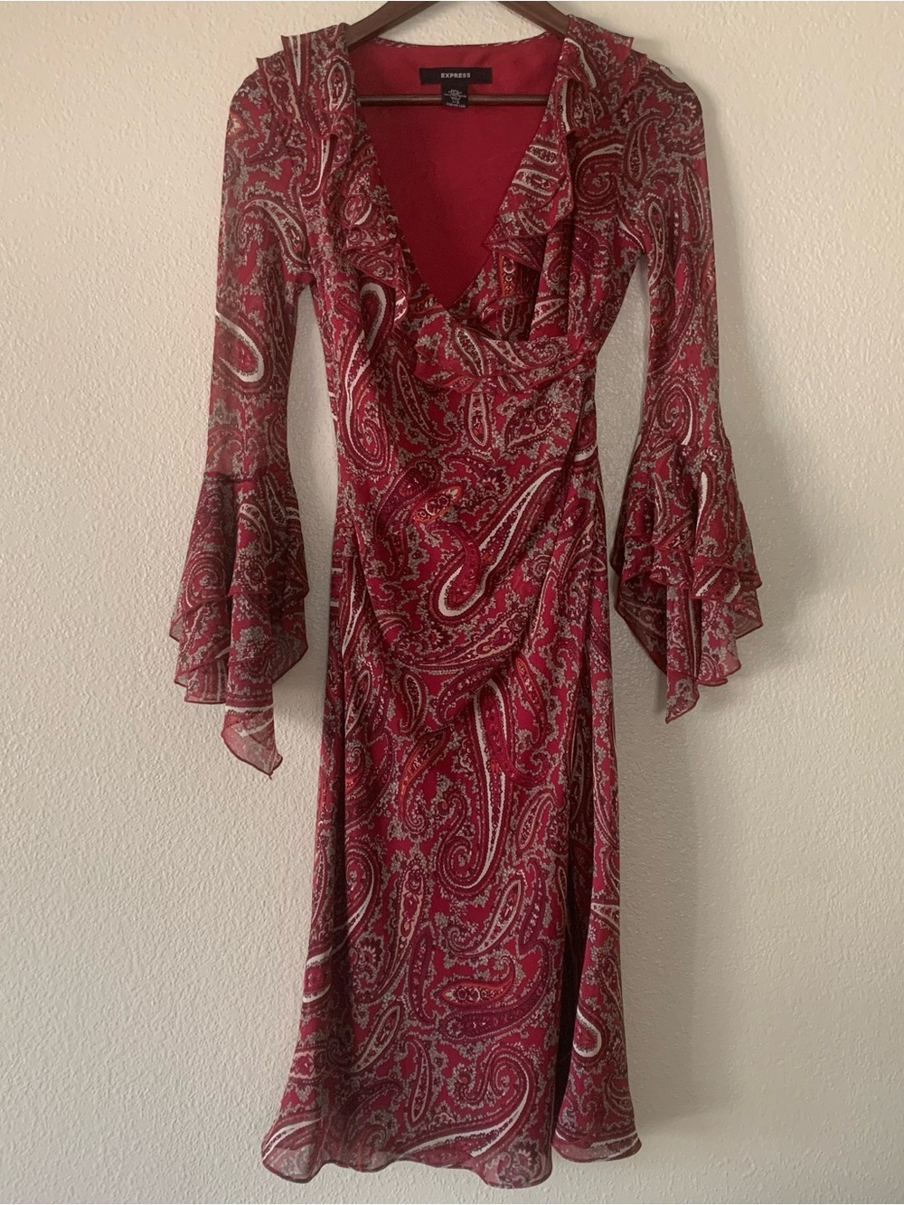 Express Burgundy Paisley Ruffle Wrap Dress